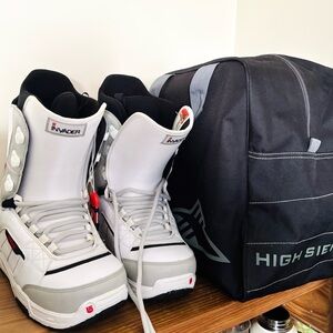 Burton White and Gray Invader Snowboard Boots with Black High Sierra Gear Bag